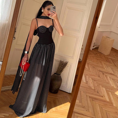 DLS tube top backless ribbon wave point printing slip dress