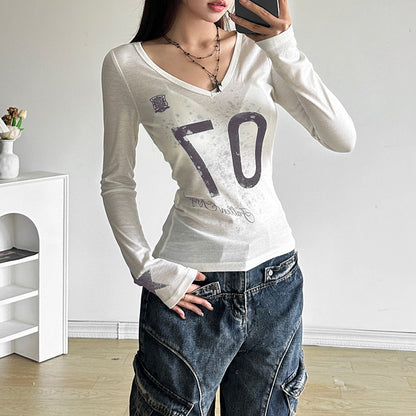 SXR autumn see-through V-neck printed long-sleeved T-shirt top