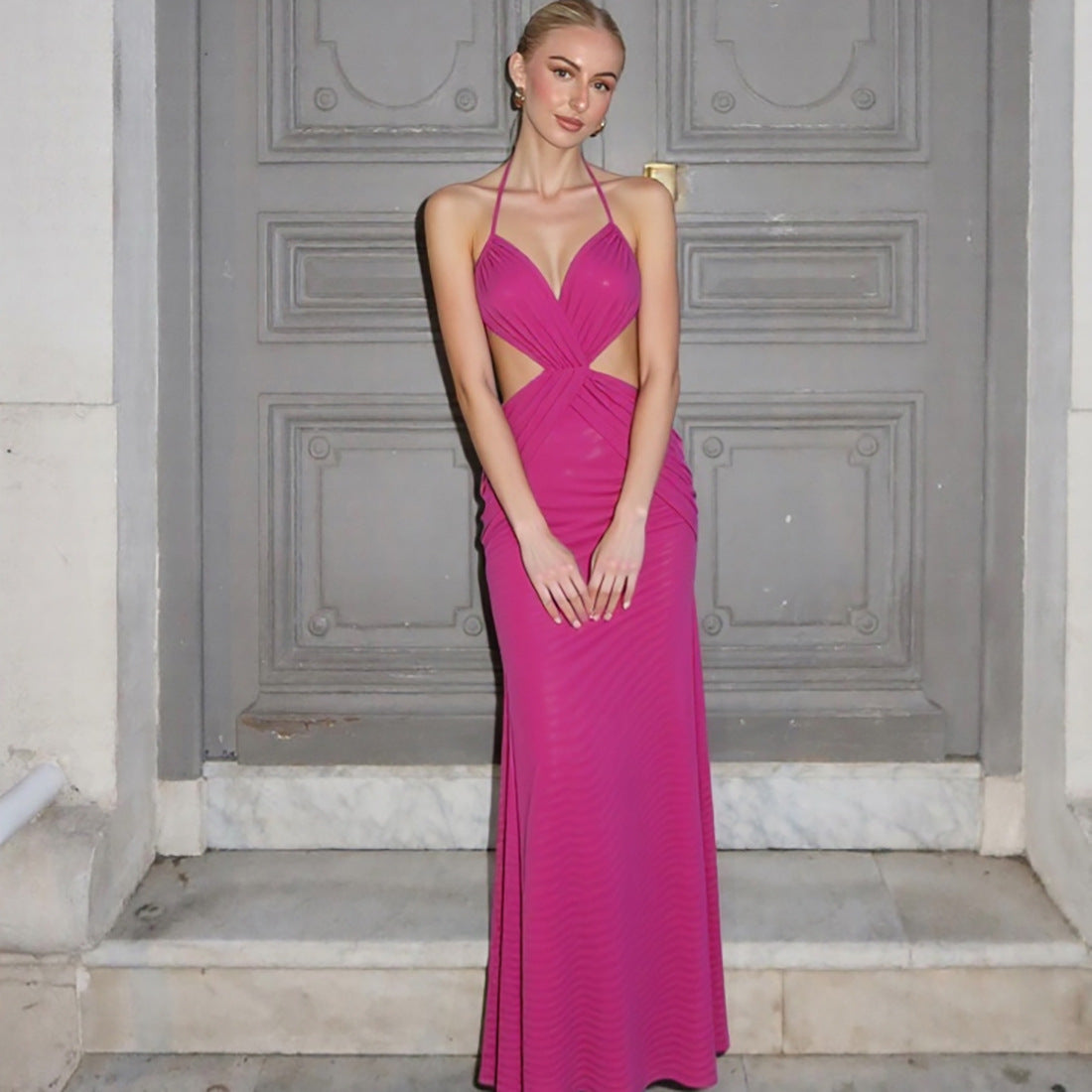 SXR summer see-through backless lace up halter maxi dress