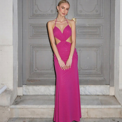 SXR summer see-through backless lace up halter maxi dress