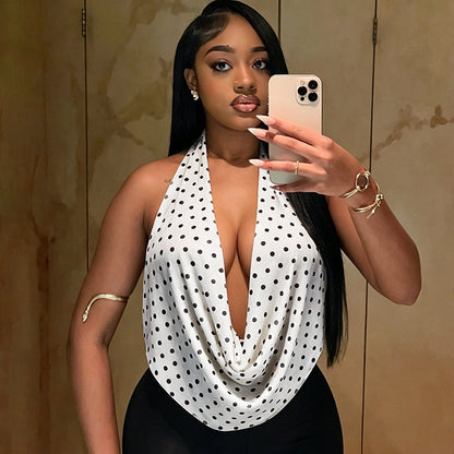 DZHT D26TP190 polka dot print halter swing collar backless rope top