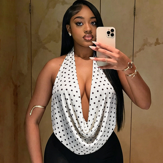DZHT D26TP190 polka dot print halter swing collar backless rope top
