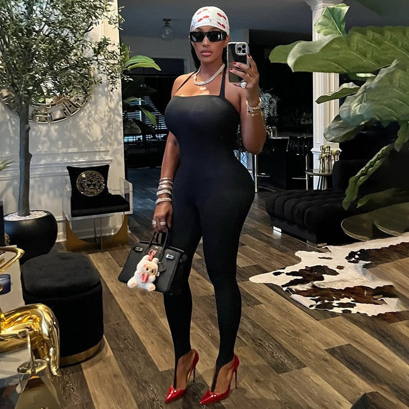 DZHT J25JP486 summer tight rope backless step-on jumpsuit