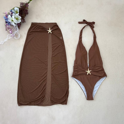 (4 days ready to ship) SY one-piece split dress mesh halter bikini