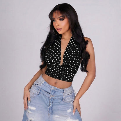 DZHT J26TP092 fashion deep V swing collar polka dot backless lace-up top