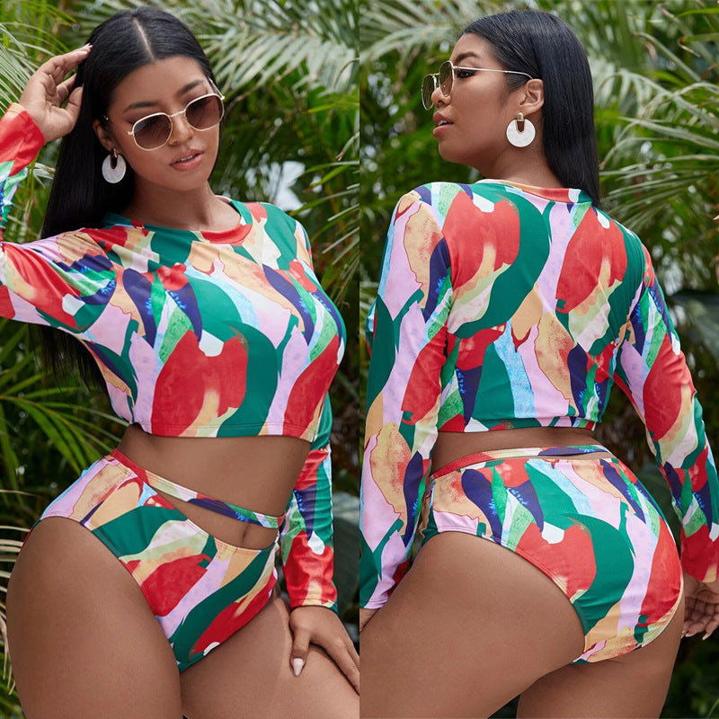 LF (L-4XL) women's split color printing swimsuit plus size