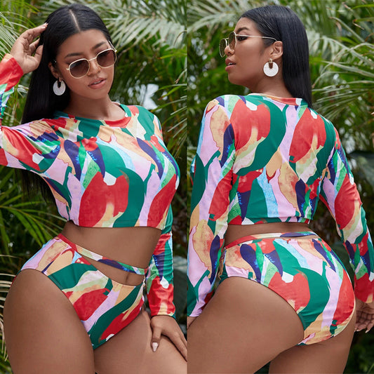 LF (L-4XL) women's split color printing swimsuit plus size
