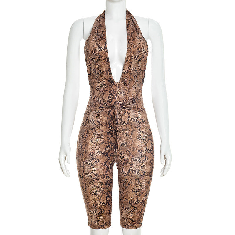 DZHT D26RP009 python print deep V halter strap bare back one-piece knee-length pants