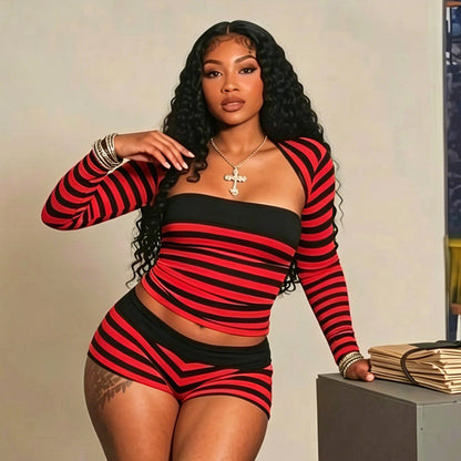 DZHT J26ST262 striped slim fit midriff-baring hot girl long sleeve shorts three-piece suit
