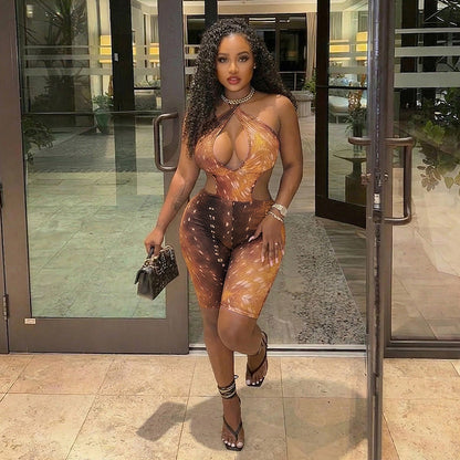 DZHT J26RP105 spring and summer deer printed halter strap bare back jumpsuit