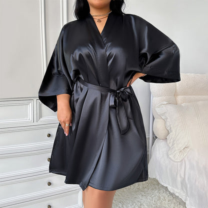 DNL plus size bathrobe lace-up nightgown mid-length Ice Silk