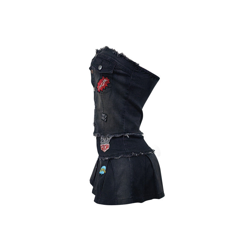 MZ (S-2XL) tube top pleated skirt embroidery suit MZ88656 stretch skirt suit