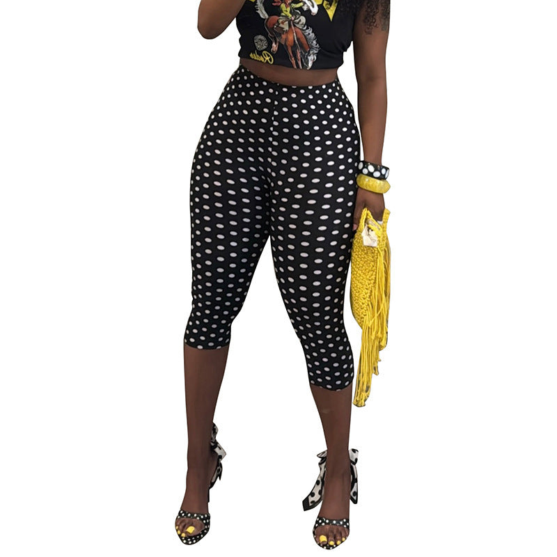DZHT J26PT151 fashionable all-match polka dot printed mid-waist tight casual cropped pants