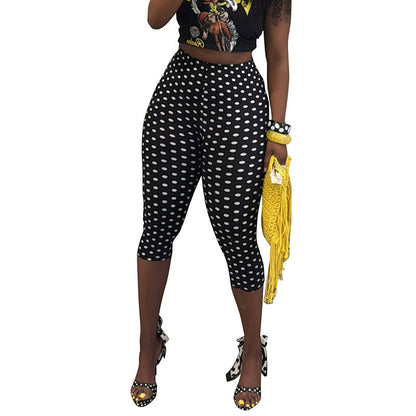 DZHT J26PT151 fashionable all-match polka dot printed mid-waist tight casual cropped pants