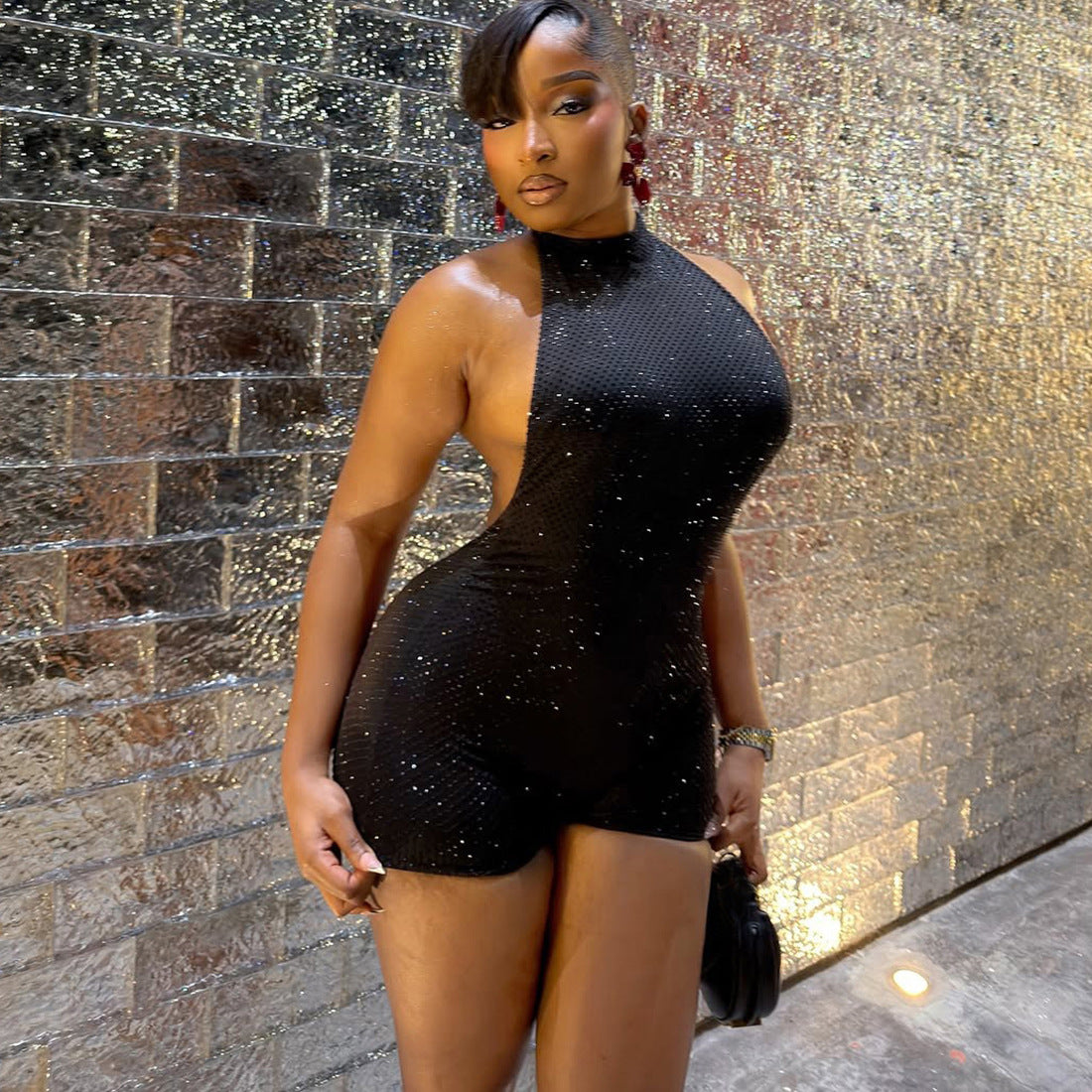 SXR 2026 spring sexy backless halter skinny sheath one-piece shorts
