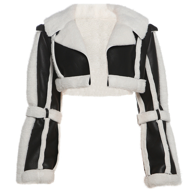 SXR autumn fashion PU leather stitching short fur collar navel coat