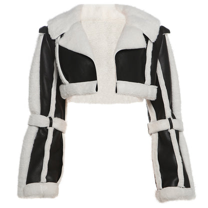 SXR autumn fashion PU leather stitching short fur collar navel coat