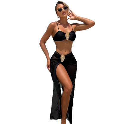 (4 days ready to ship) SY metal Haitao buckle three-piece set tee dress bikini