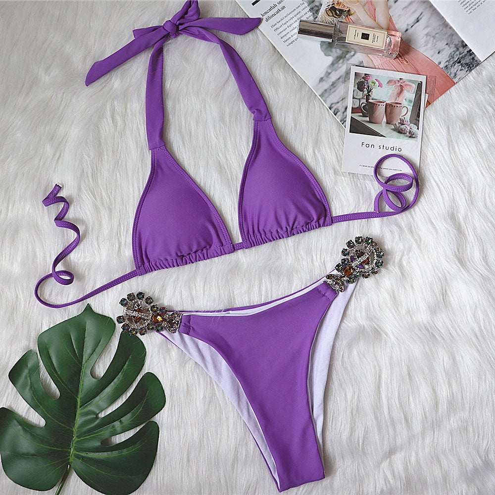 Sexy bikini plain women's split strap luxury crystal diamond metal accessories