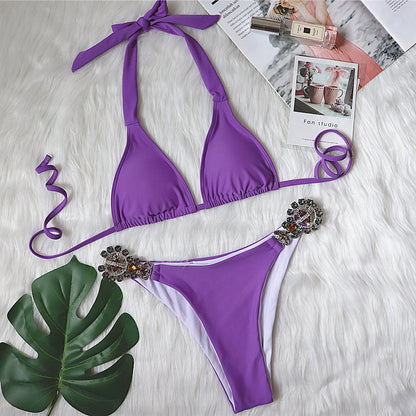 Sexy bikini plain women's split strap luxury crystal diamond metal accessories