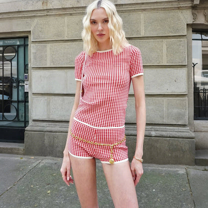 SXR spring Plaid crew neck slim-fit short-sleeved T-shirt high waist hip lift shorts