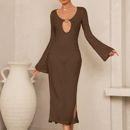 CYB side slit metal buckle V-neck flared sleeves beach sun protection backless blouse dress
