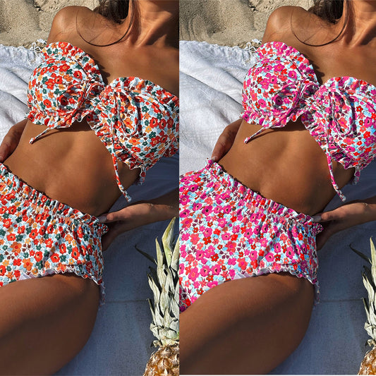 XM flower print pleated lace tube top triangle bikini D760R
