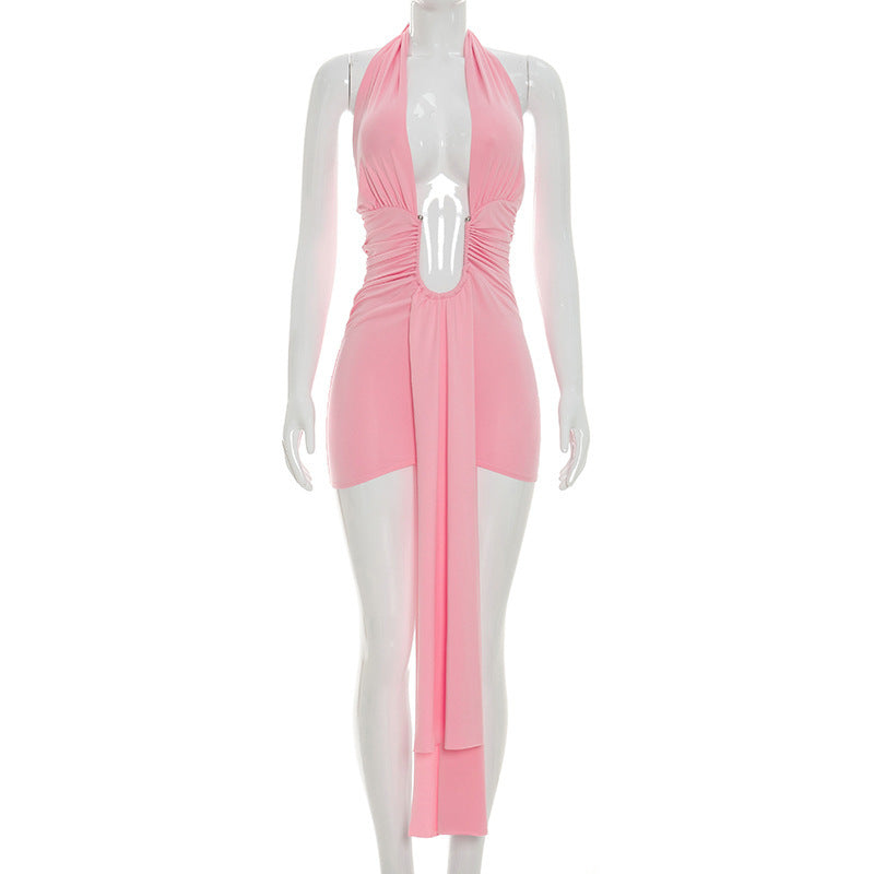 DZHT C26DS181 low collar halter strap backless sheath dress