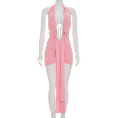 DZHT C26DS181 low collar halter strap backless sheath dress