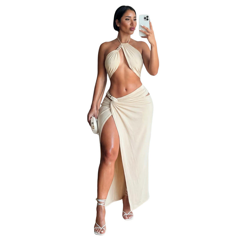SXR K6S06089A summer sexy hot girl halter top high waist slit skirt