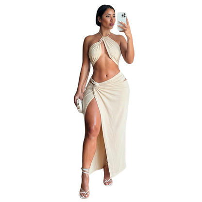 SXR K6S06089A summer sexy hot girl halter top high waist slit skirt