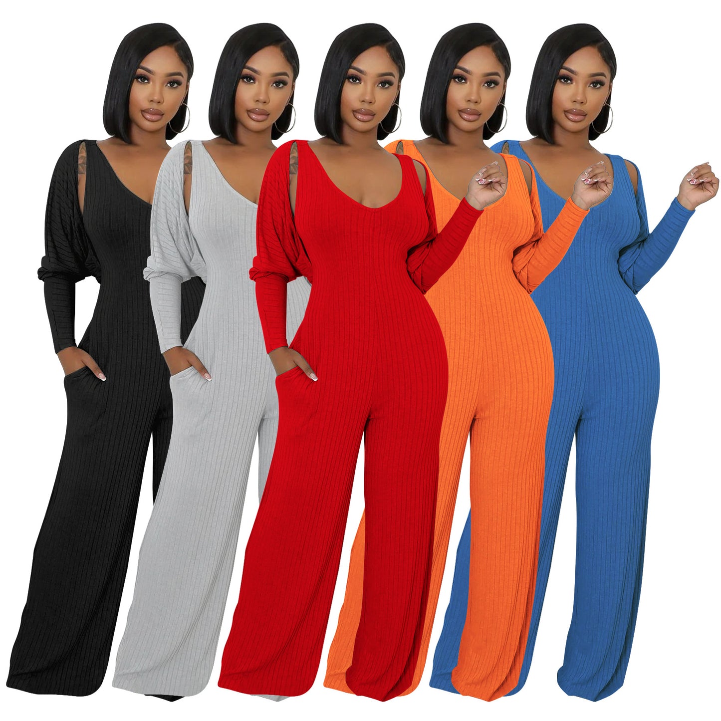 MYF (S-2XL) K10794 high elastic sunken stripe long sleeve vest jumpsuit