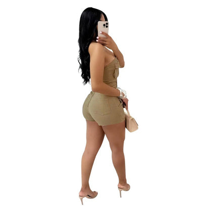 MZ (S-2XL) MZ88636 tube top elastic tooling zipper pocket one-piece shorts