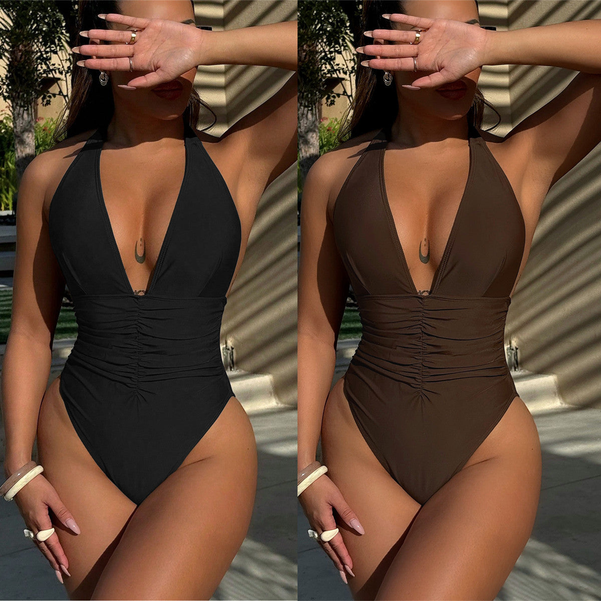 XM one-piece swimsuit Brown deep V swimsuit bikini D651Q