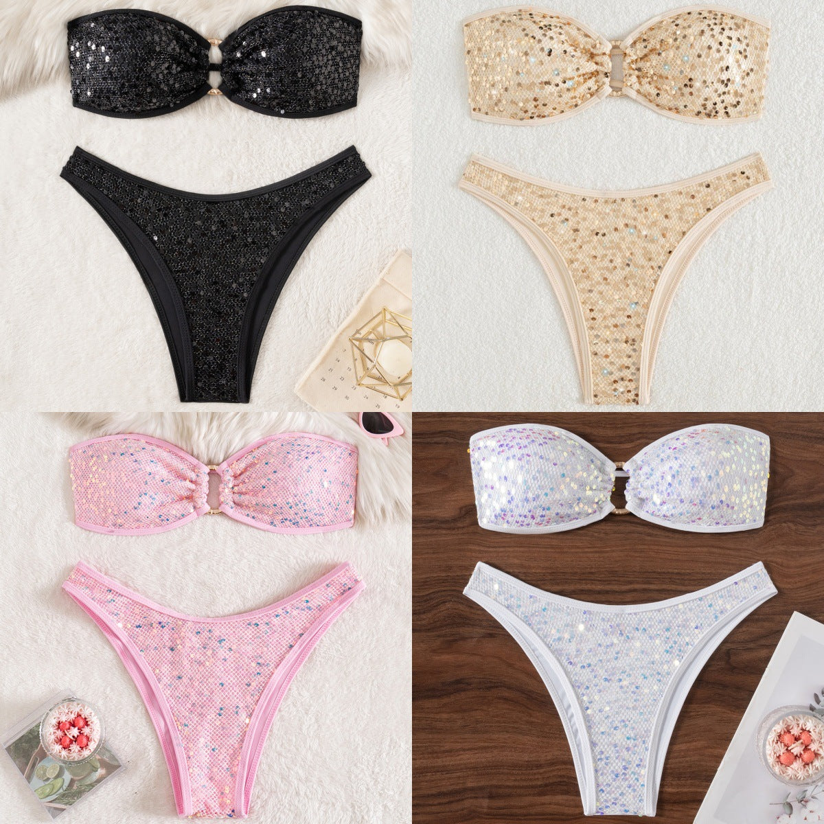 Split sequins pure color tube-top banded bikini