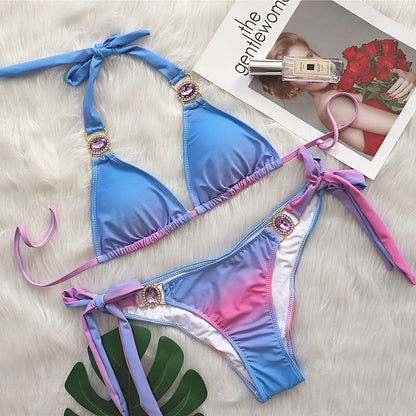 Bikini sexy gradient printing strap luxury crystal diamond