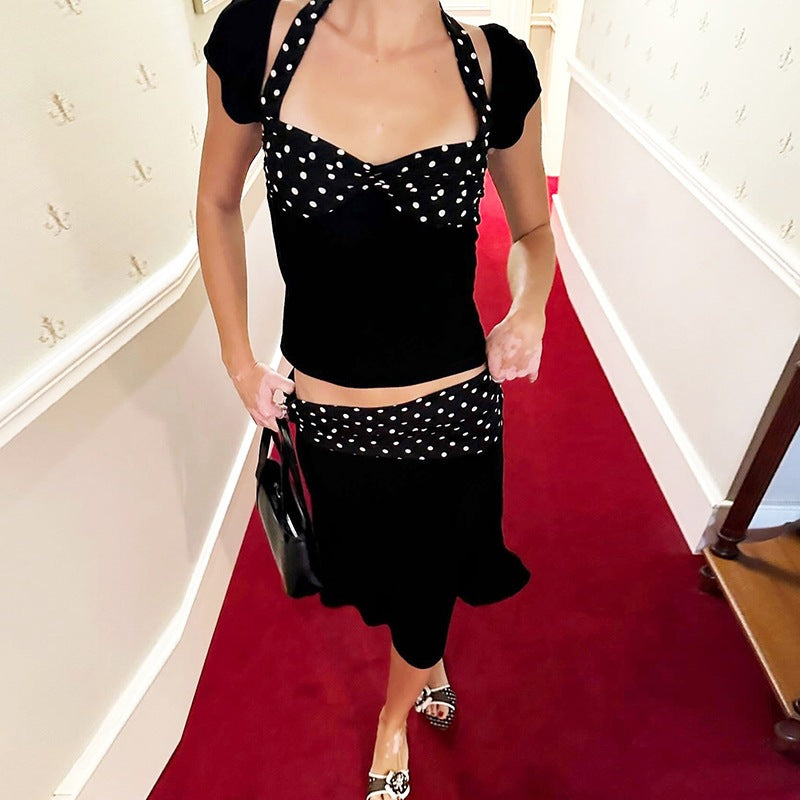SXR K6S07660A polka dot halter short sleeve vest slim-fit sheath dress suit