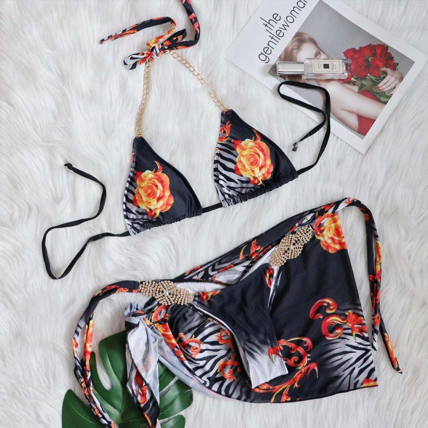 Sexy lace-up luxury rhinestone bikini three-piece set