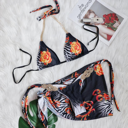 Sexy lace-up luxury rhinestone bikini three-piece set