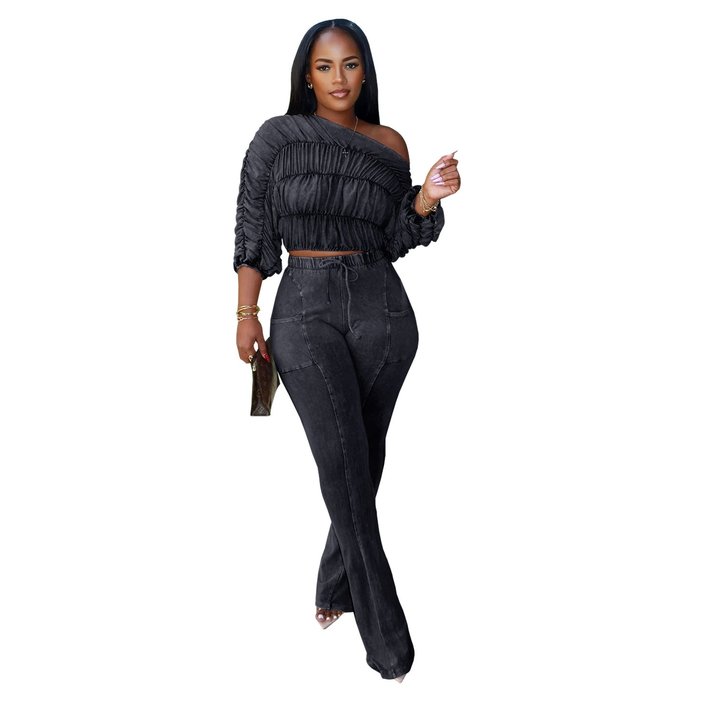 XYZ C7568 casual shoulder long sleeve top and trousers two-piece set