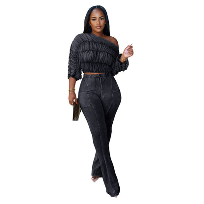 XYZ C7568 casual shoulder long sleeve top and trousers two-piece set