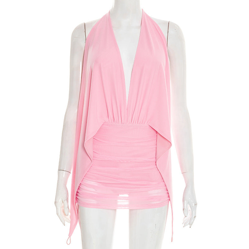 DZHT D26DS041 spring fake two-piece mesh halter bare back dress