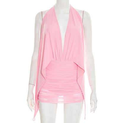 DZHT D26DS041 spring fake two-piece mesh halter bare back dress