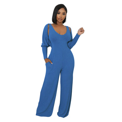 MYF (S-2XL) K10794 high elastic sunken stripe long sleeve vest jumpsuit
