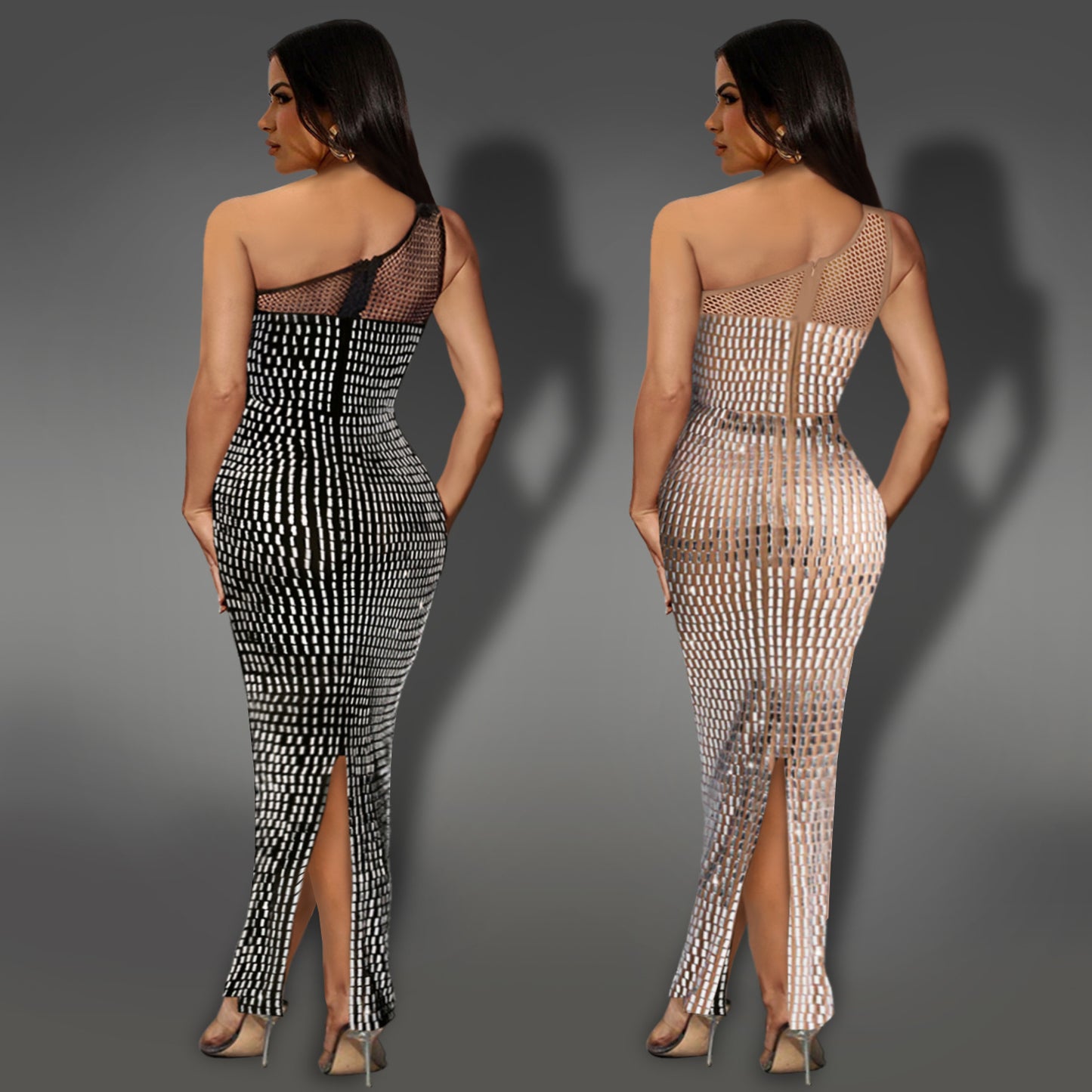 XYZ C7422 mesh rhinestone shoulder sleeveless dress