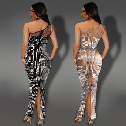 XYZ C7422 mesh rhinestone shoulder sleeveless dress