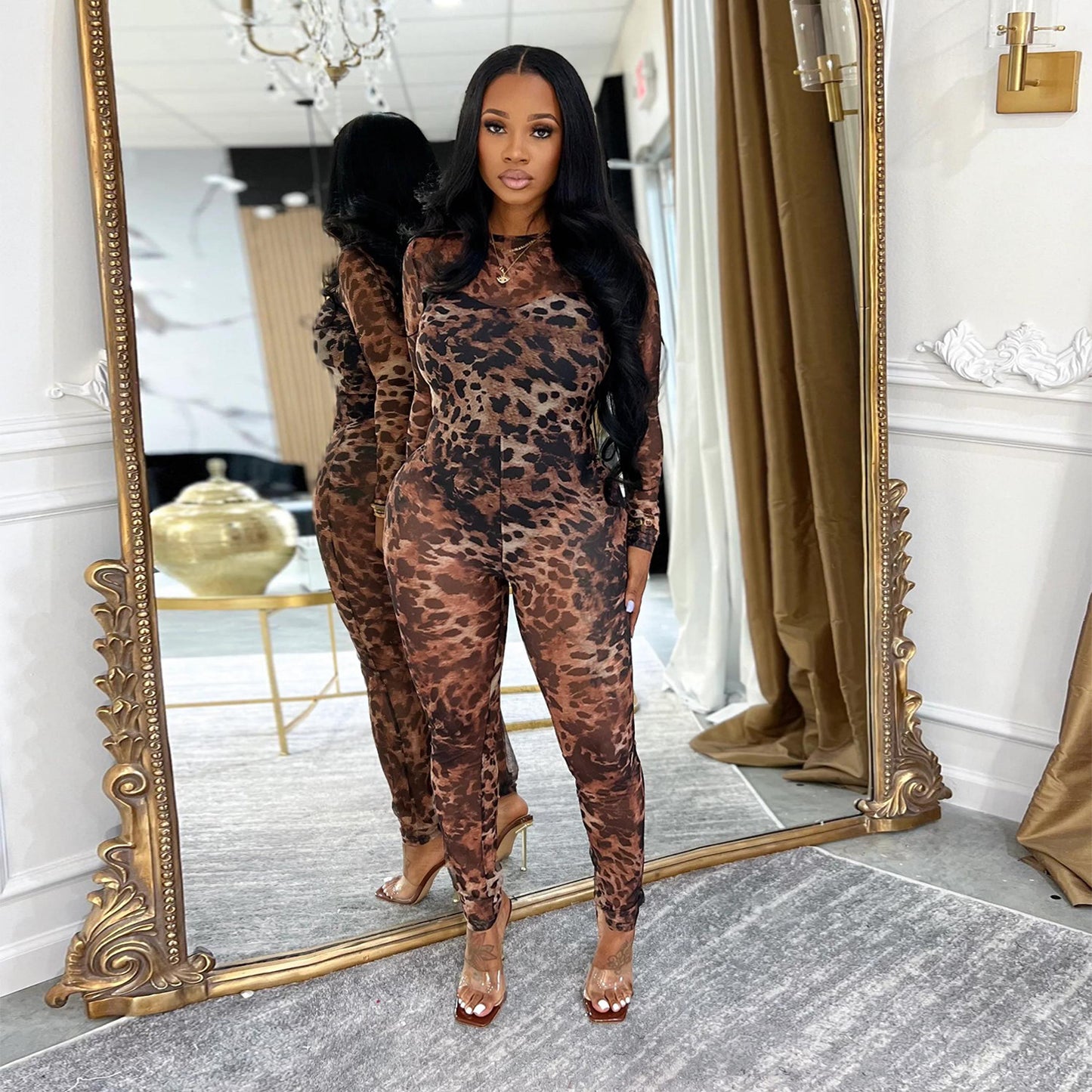 XYZ C7541 leopard print mesh floral print see-through jumpsuit