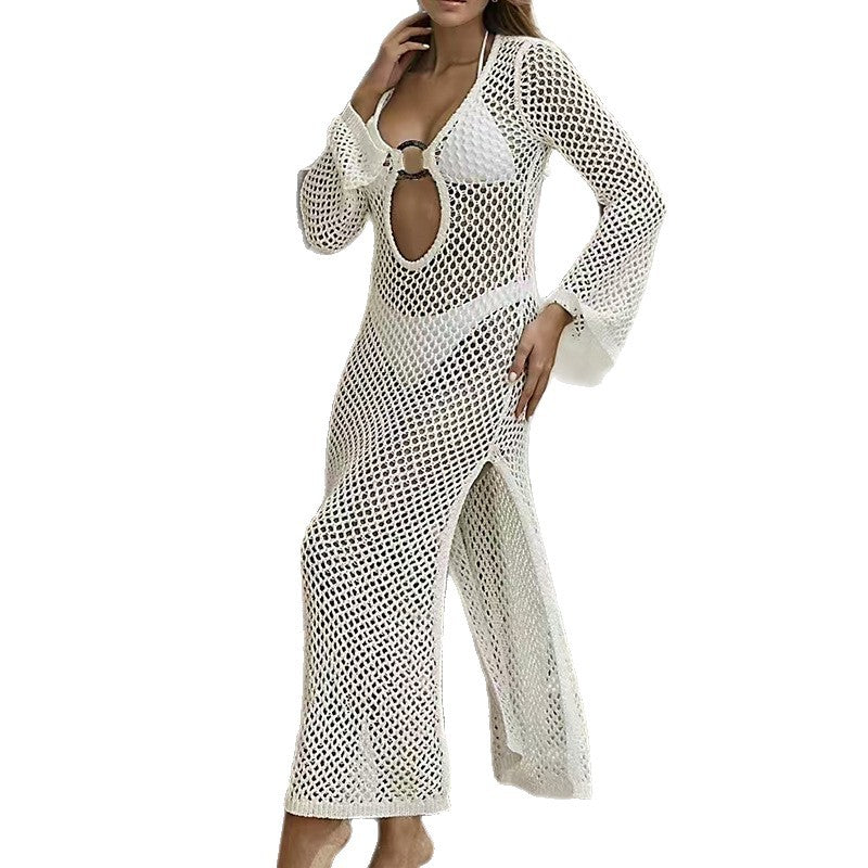 CYB beach dress long sleeve sun protection clothing side slit knitted dress