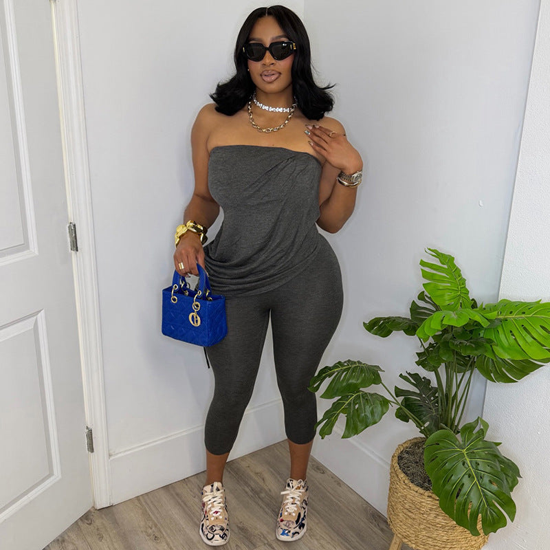DZHT D26JP142 slim-fit sleeveless fake two-piece tube top drawstring cropped jumpsuit