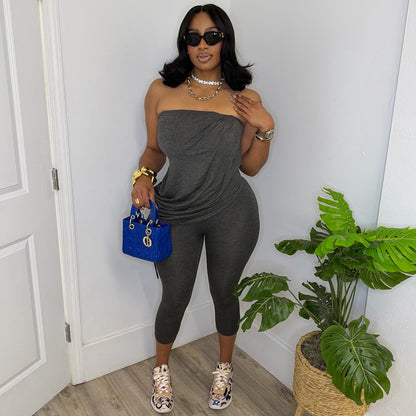 DZHT D26JP142 slim-fit sleeveless fake two-piece tube top drawstring cropped jumpsuit